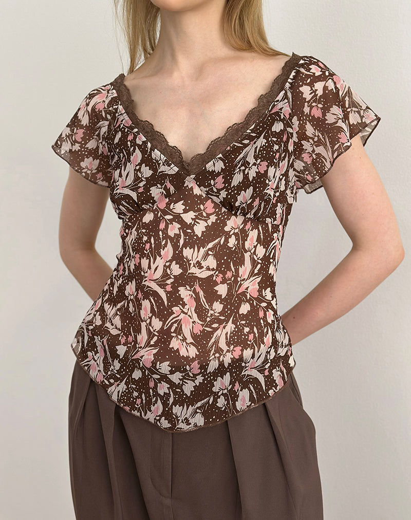 Image de Misaki Top in Chiffon Polka Flower Brown