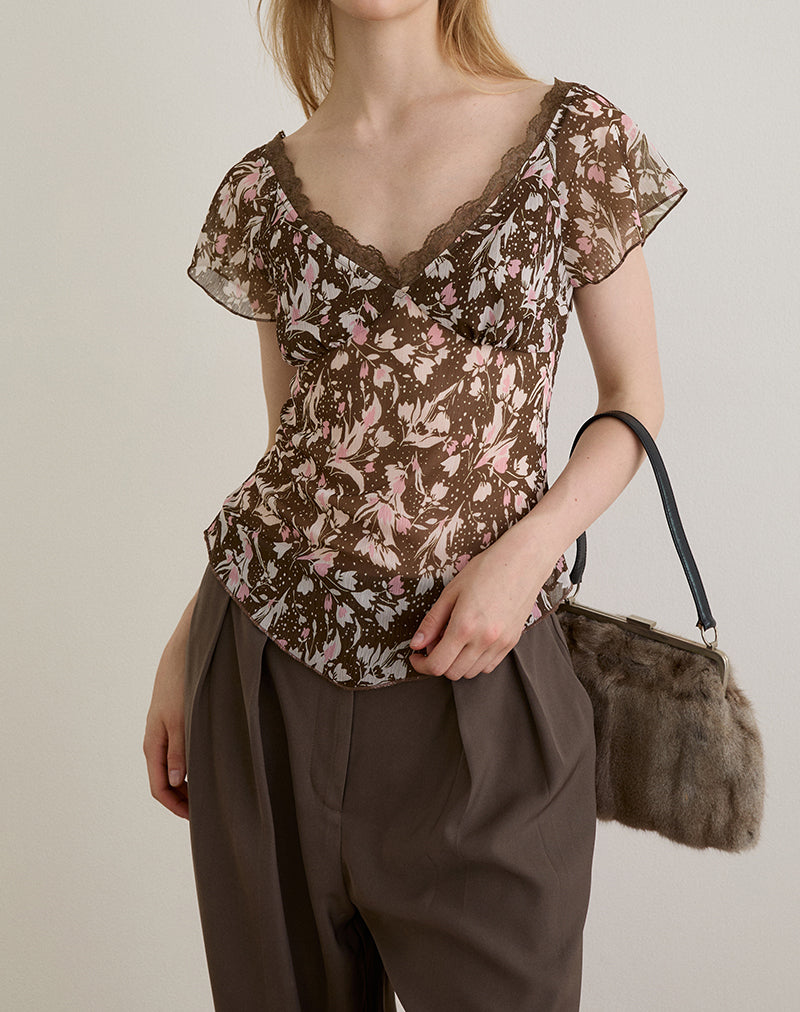 Image de Misaki Top in Chiffon Polka Flower Brown