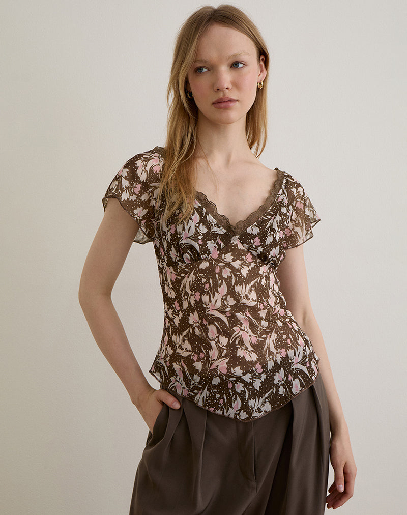Image de Misaki Top in Chiffon Polka Flower Brown