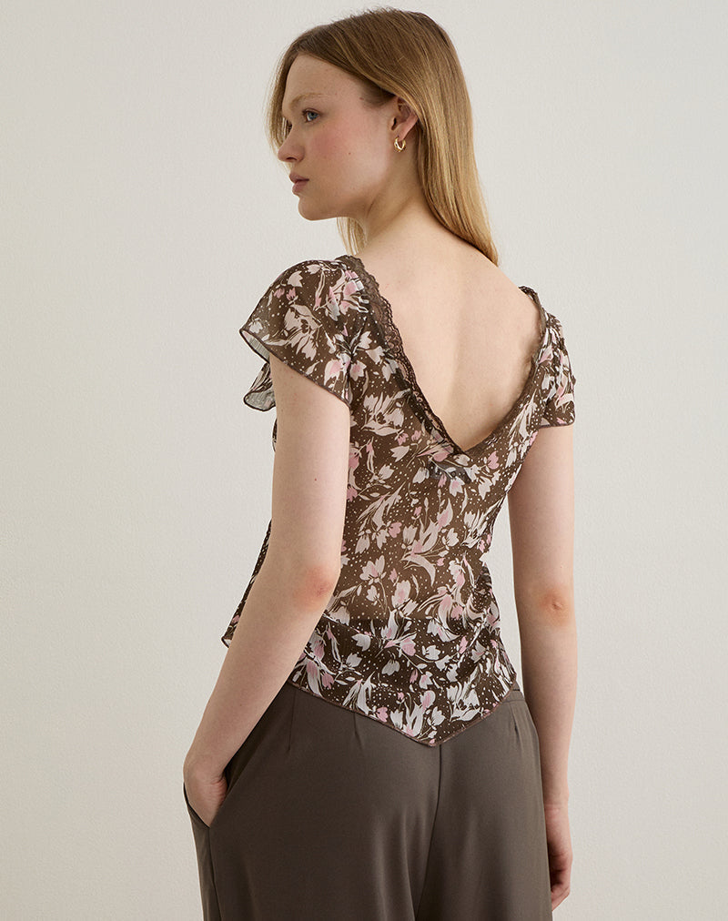 Image de Misaki Top in Chiffon Polka Flower Brown