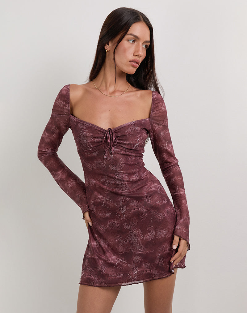 Image of Modena Long Sleeve Mini Dress in Tonal Paisley Plum