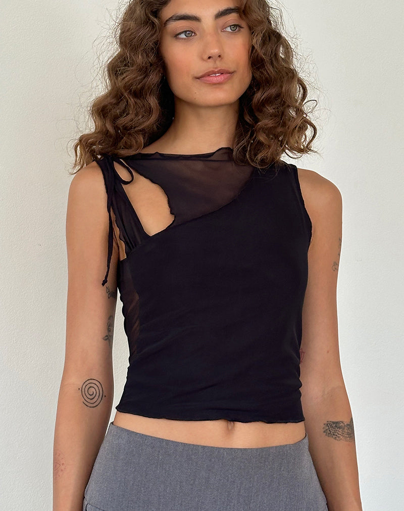 Moni Tie Tank Top in Mesh Black (Débardeur à nouettes en maille)