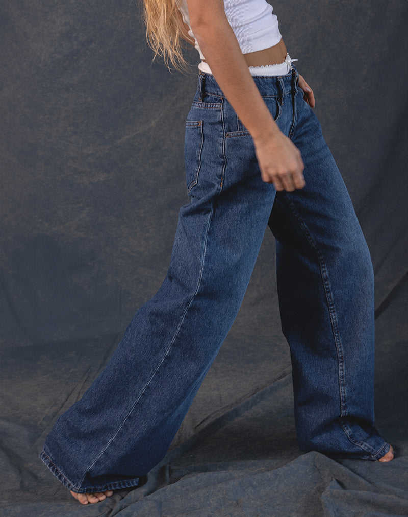 Jean à taille basse extra large, bleu moyen, usagé