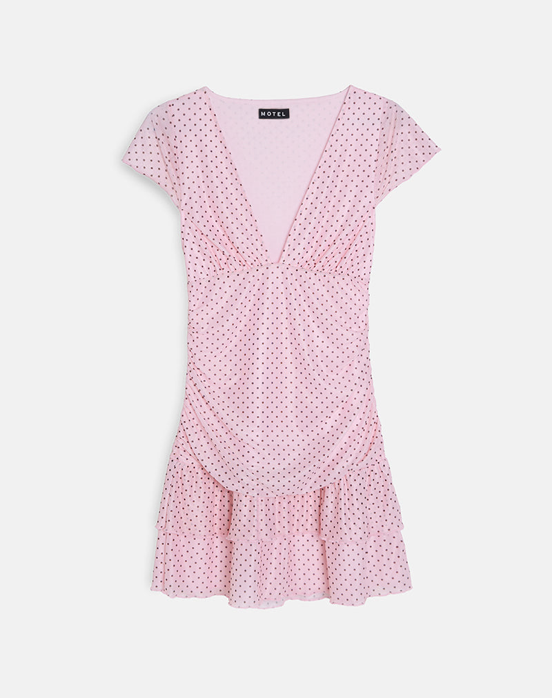 Mowgli Cap Sleeve Mini Dress in Baby Pink with Micro Polka Black (Mini robe à manches courtes Mowgli en rose bébé avec micro-polka)