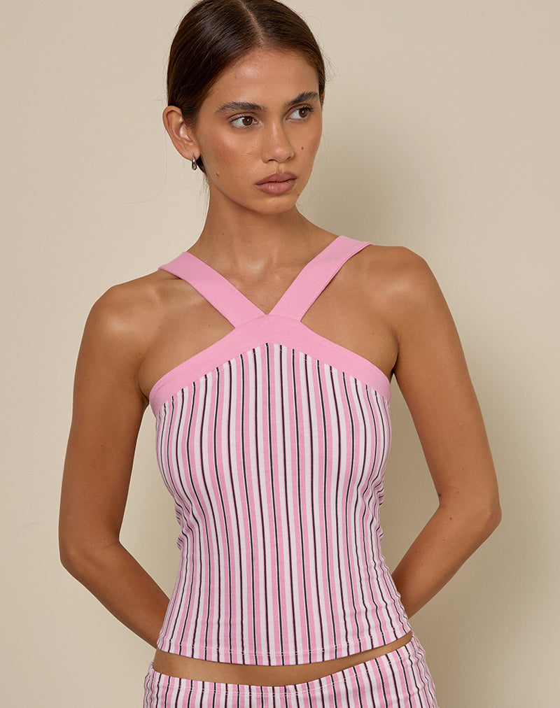 Myer - Top dos nu à larges bretelles en pinstripe rose