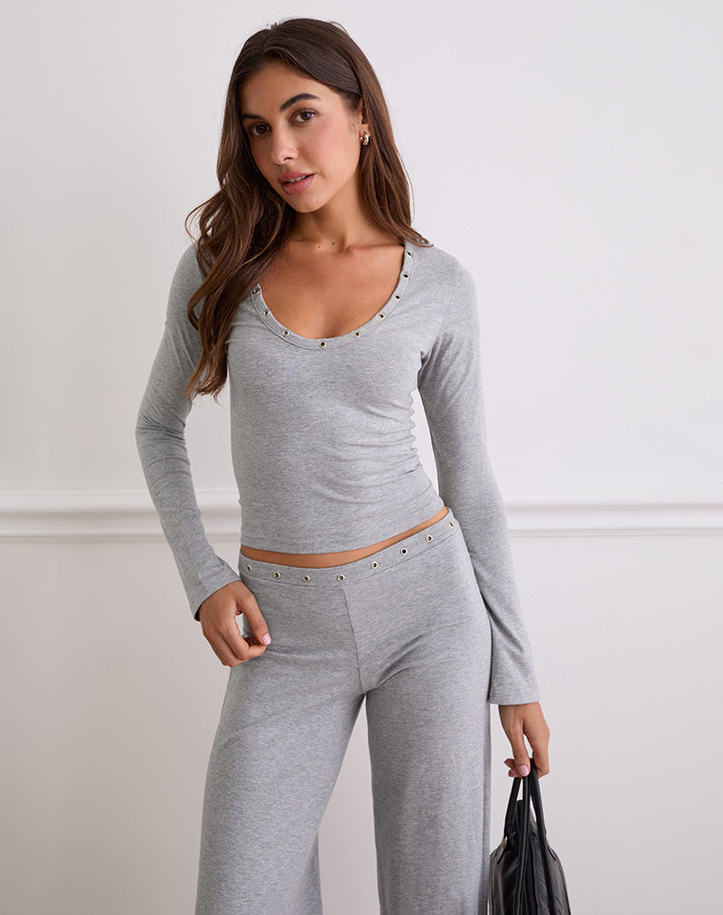 Myoga Studded Scoop Long Sleeve Top in Grey Marl (Top à manches longues encerclées et cloutées)