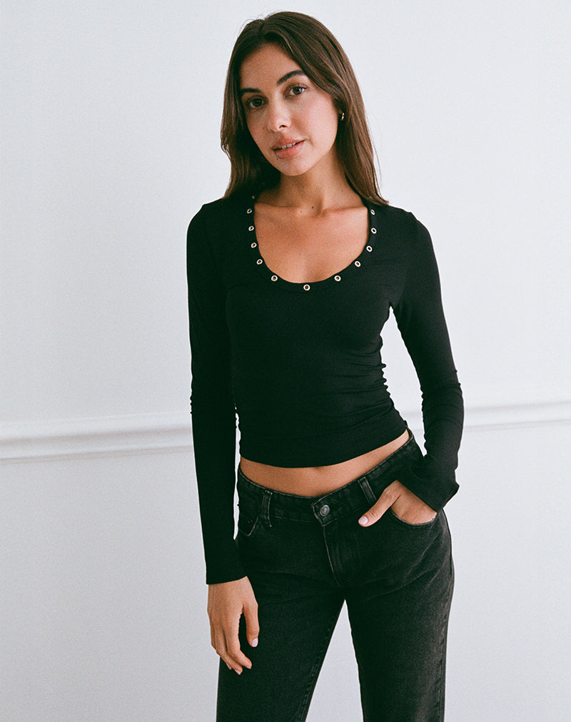 Image de Myoga Studded Scoop Long Sleeve Top in Black