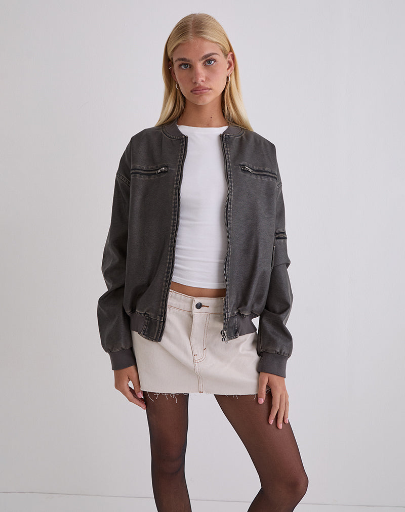Image de Marco Distressed Bomber Jacket en PU Charcoal