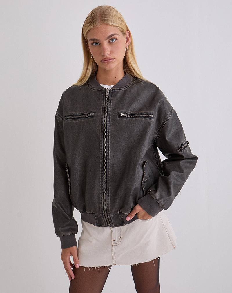 Image de Marco Distressed Bomber Jacket en PU Charcoal