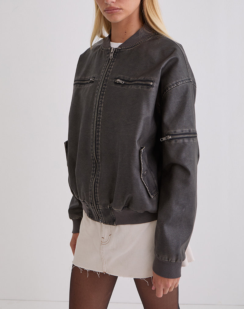 Image de Marco Distressed Bomber Jacket en PU Charcoal