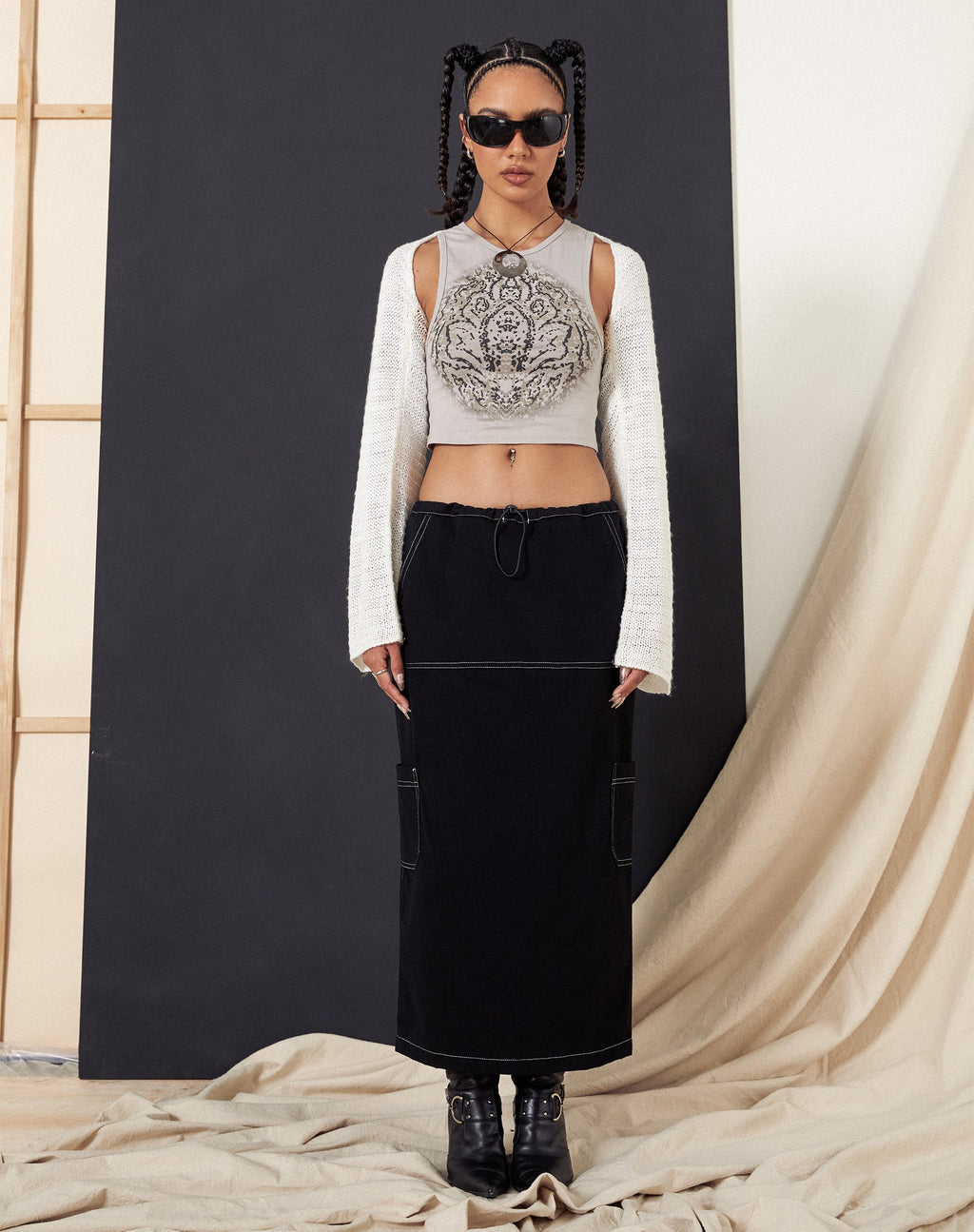 Jupe cargo midi Swari, noir
