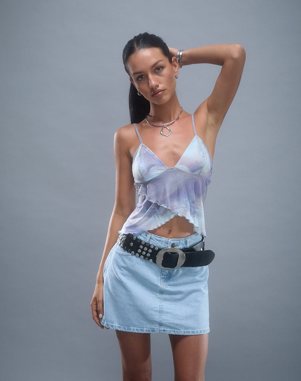Mini jupe ligne A, bleu denim bleach