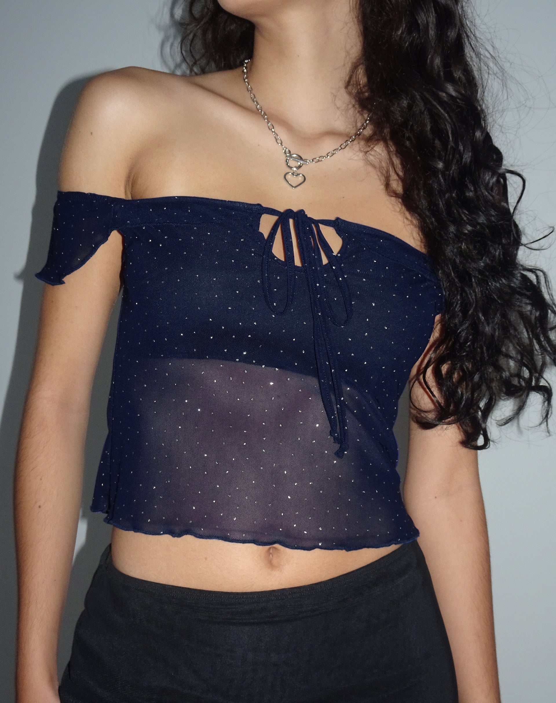Image de Nabil Bardot Crop Top in Mesh Navy