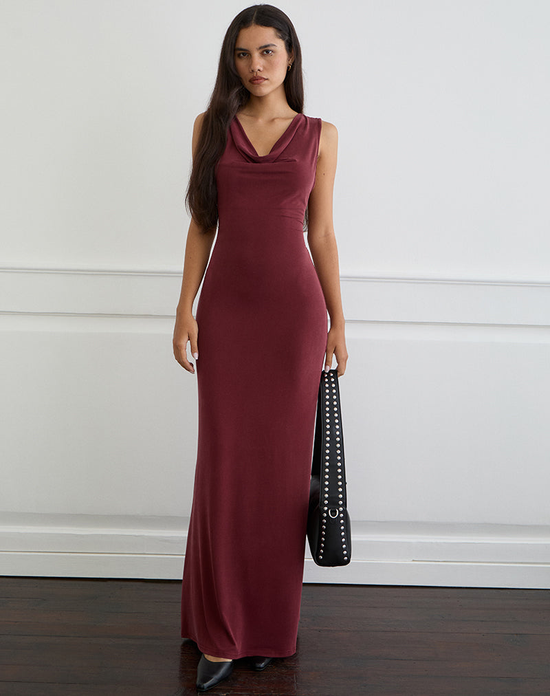 Image of Namra Cowl Neck Maxi Dress in Cupro Burgundy