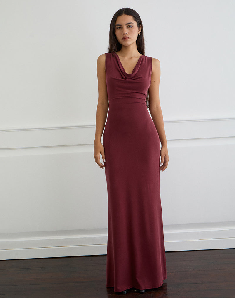 Image of Namra Cowl Neck Maxi Dress in Cupro Burgundy