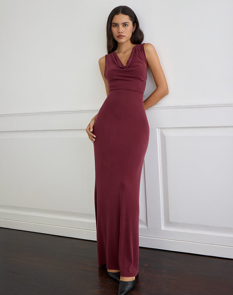 Image of Namra Cowl Neck Maxi Dress in Cupro Burgundy