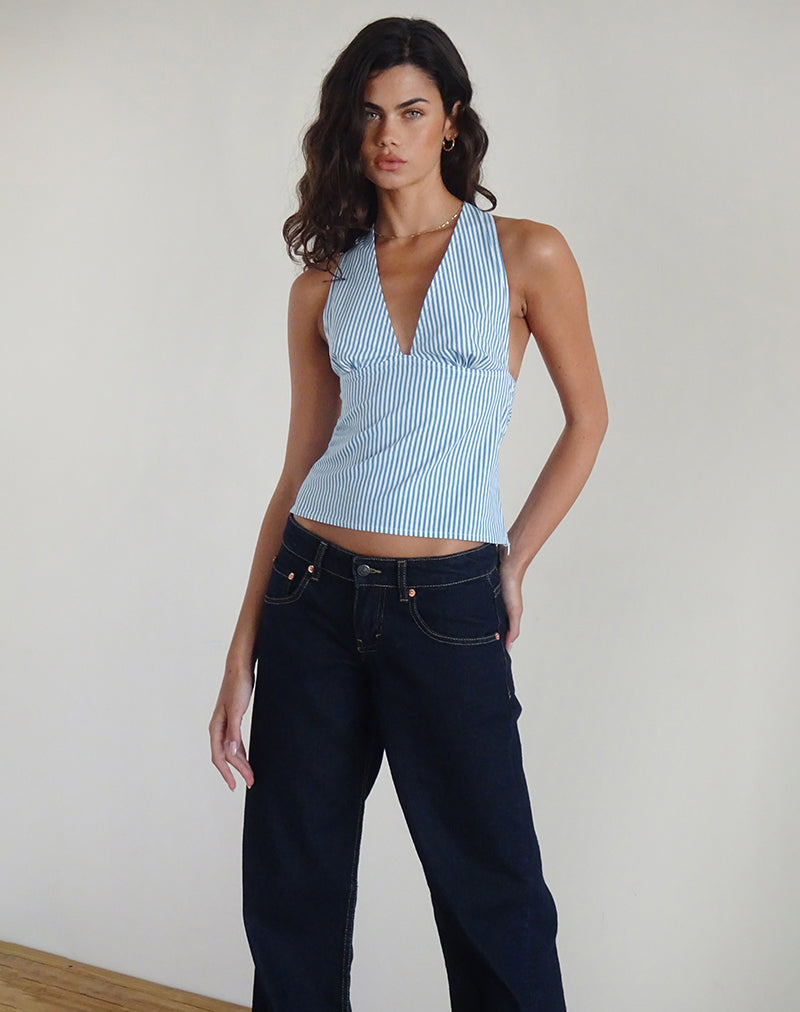 Image de Nandu Top in Poplin Blue Small Vertical Stripe
