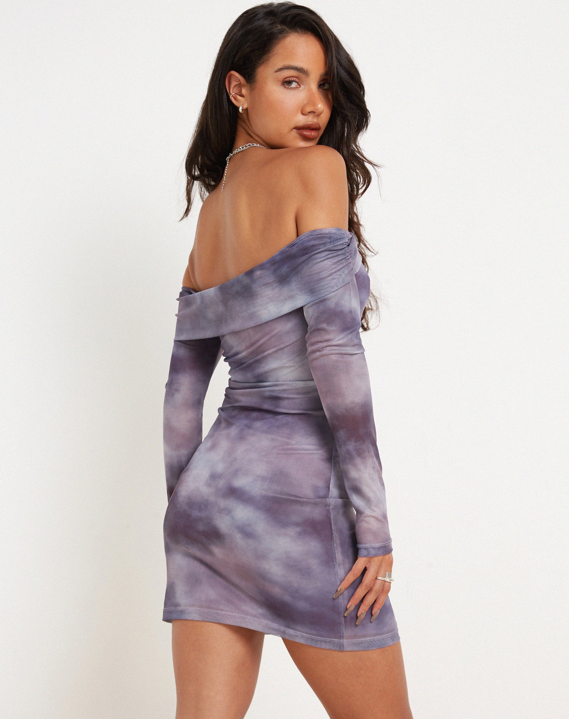 Image of Nasami Long Sleeve Mesh Mini Dress in Smokey Gradients Purple