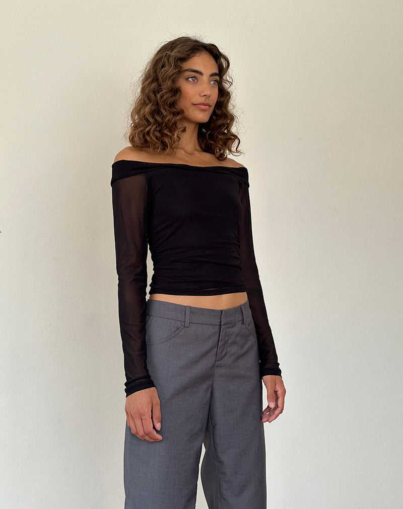 Image de Nauri Long Sleeve Bardot Top in Mesh Black