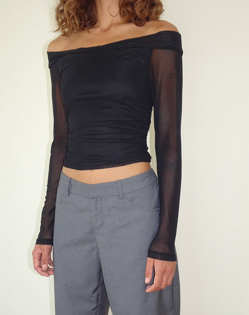 Image de Nauri Long Sleeve Bardot Top in Mesh Black