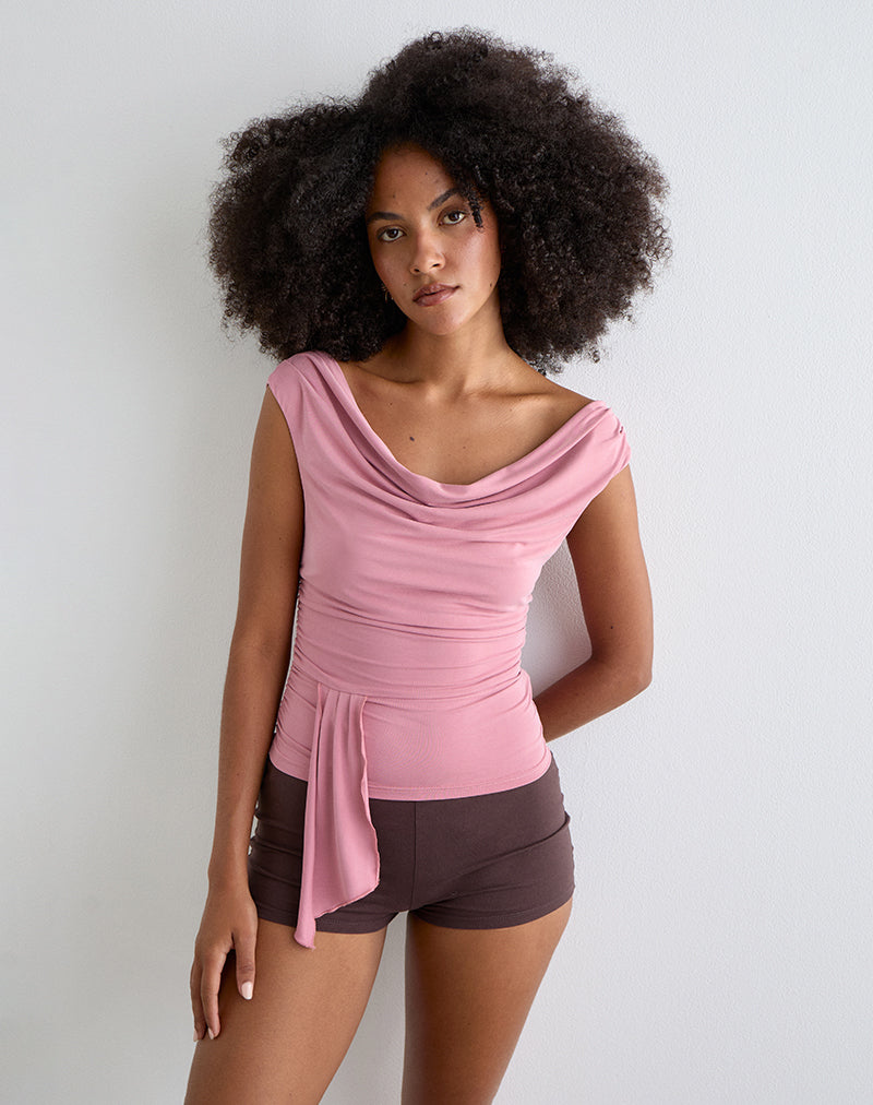 Top drapé Neida en cupro rose