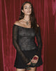 Image de Neira Long Sleeve Mesh Bardot Top in Black Abstract Flower Flock