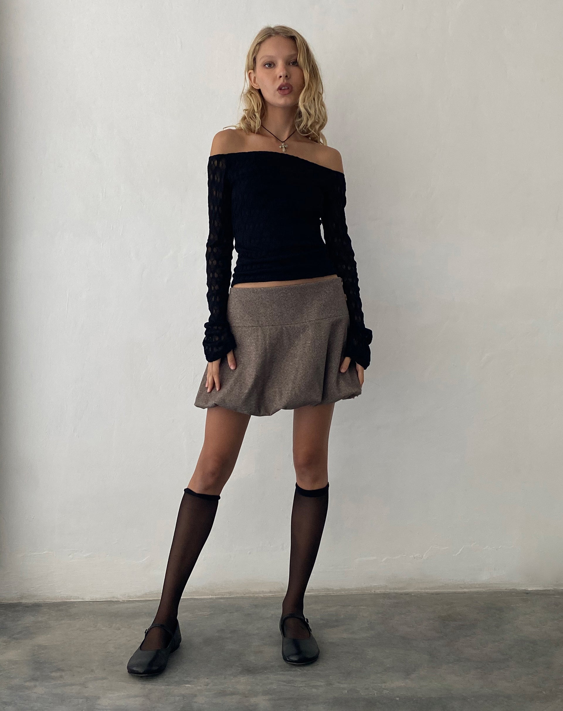Image de Neira Long Sleeve Bardot Top in Textured Knit Black