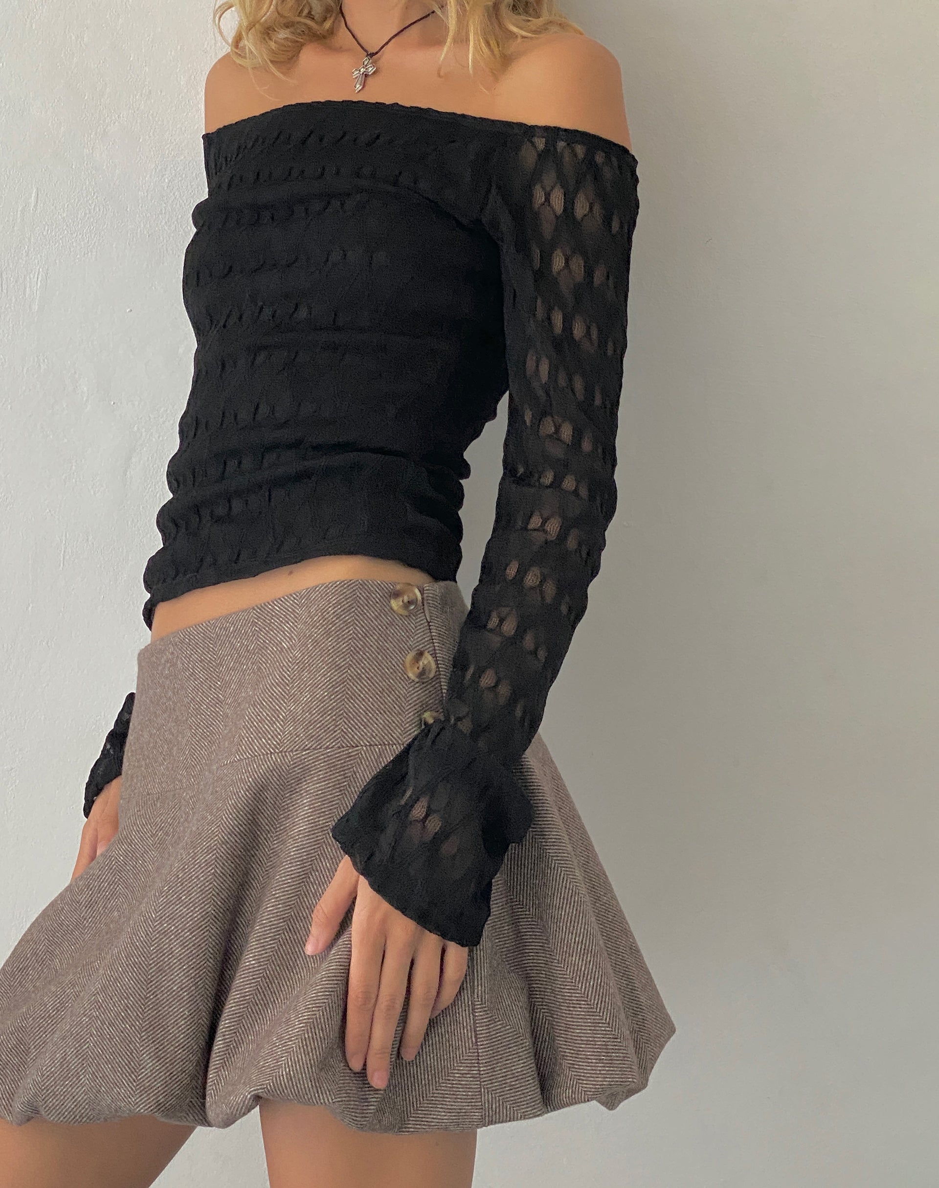 Image de Neira Long Sleeve Bardot Top in Textured Knit Black