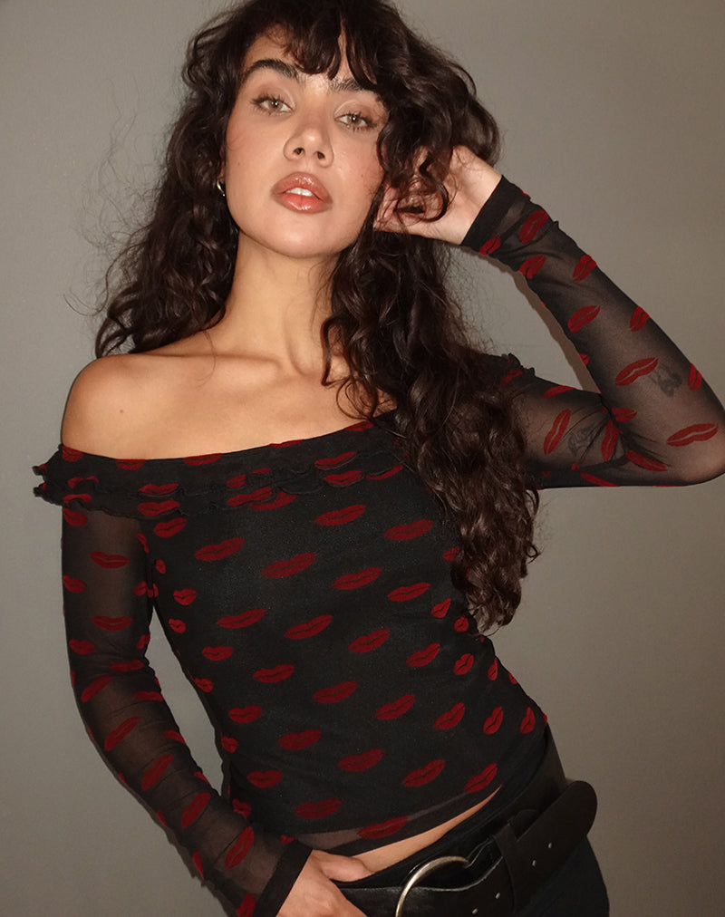 Image de Nihal Frill Bardot Top in Lips Flock Black