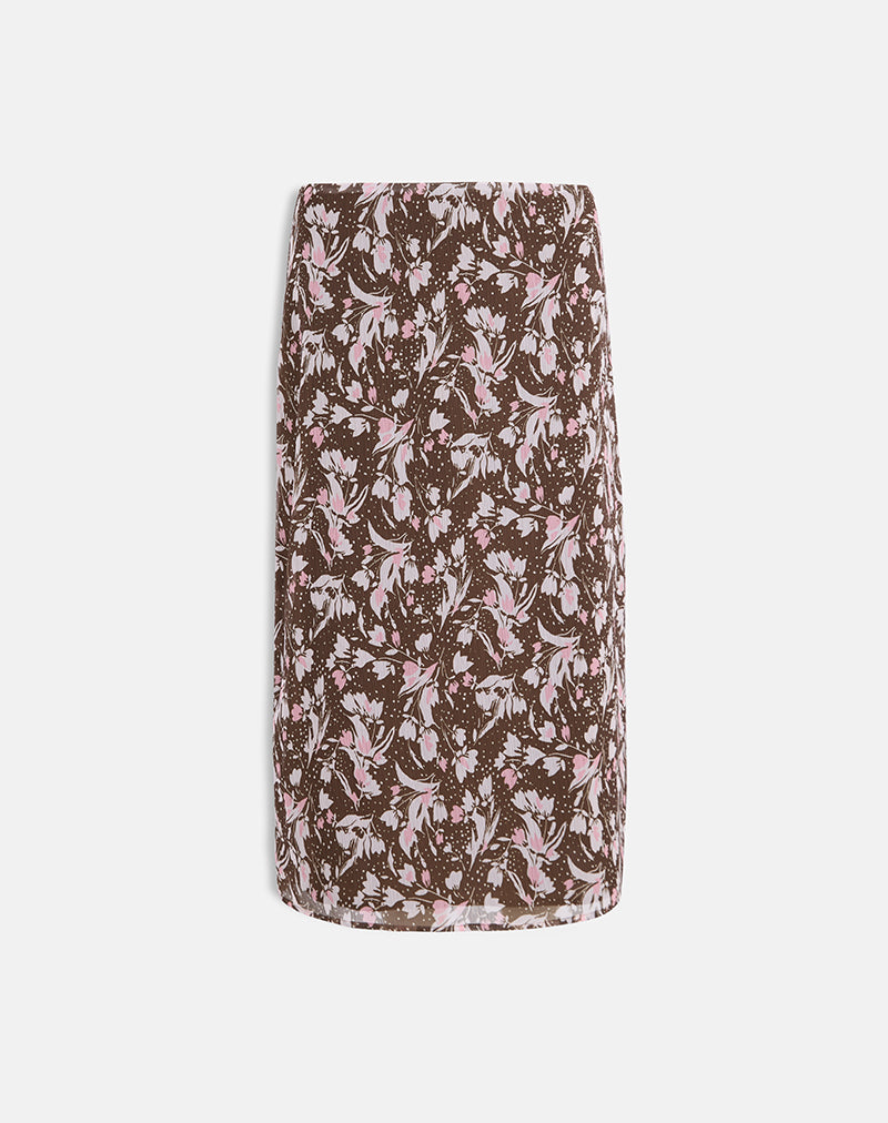 Image de Nimas Midi Skirt in Brown and Pink Polka Flower Chiffon