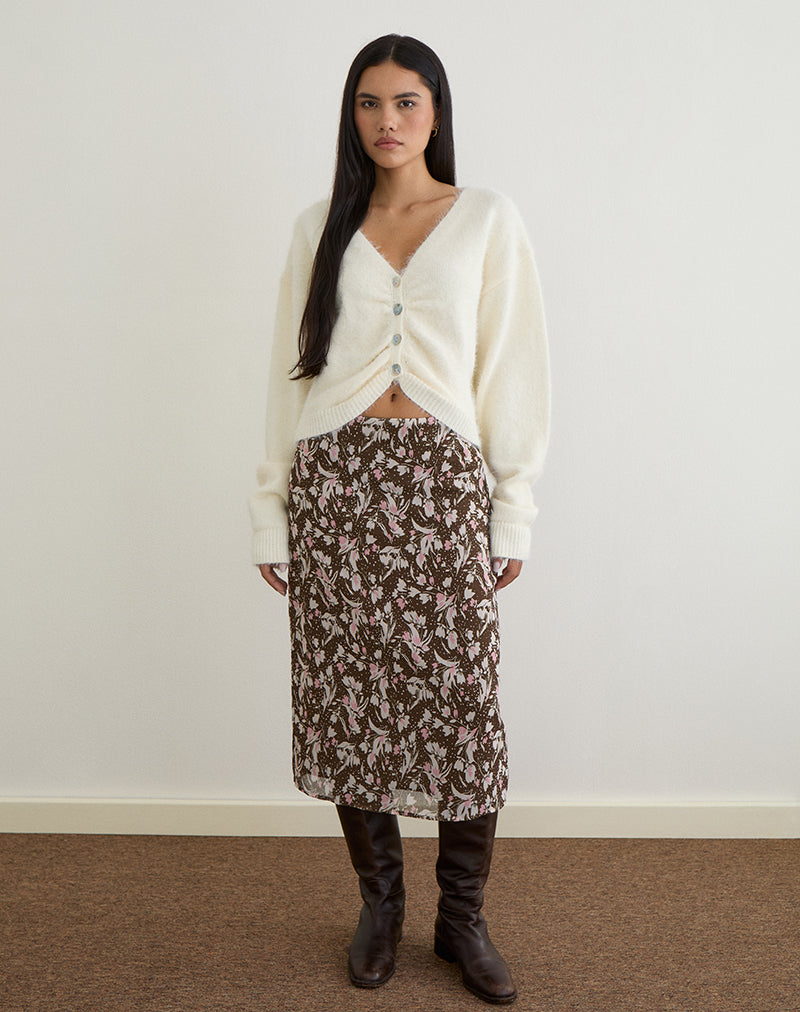 Image de Nimas Midi Skirt in Brown and Pink Polka Flower Chiffon