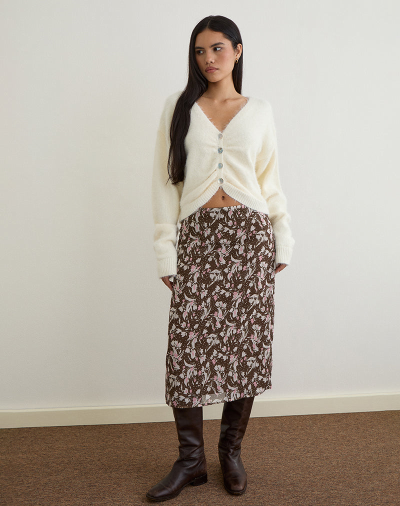 Jupe midi Nimas en mousseline à fleurs polka marron et rose