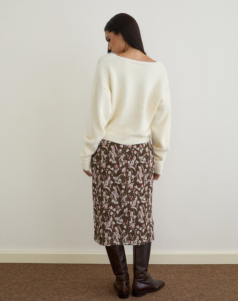 Image de Nimas Midi Skirt in Brown and Pink Polka Flower Chiffon