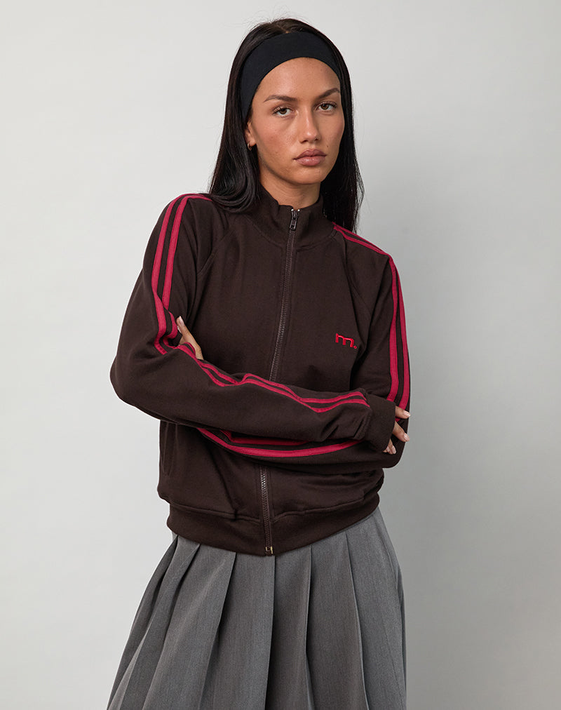 Veste Niskala en chocolat amer avec reliure et broderie rouge adrénaline