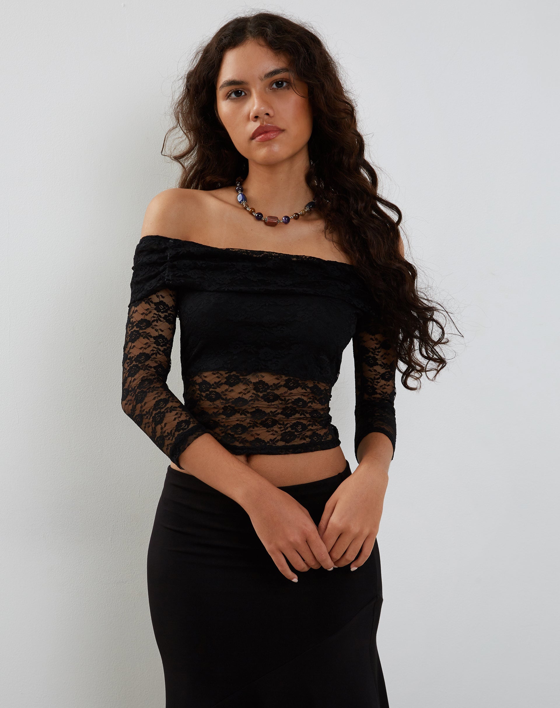 Image de Nixie Long Sleeve Bardot Top in Lace Black