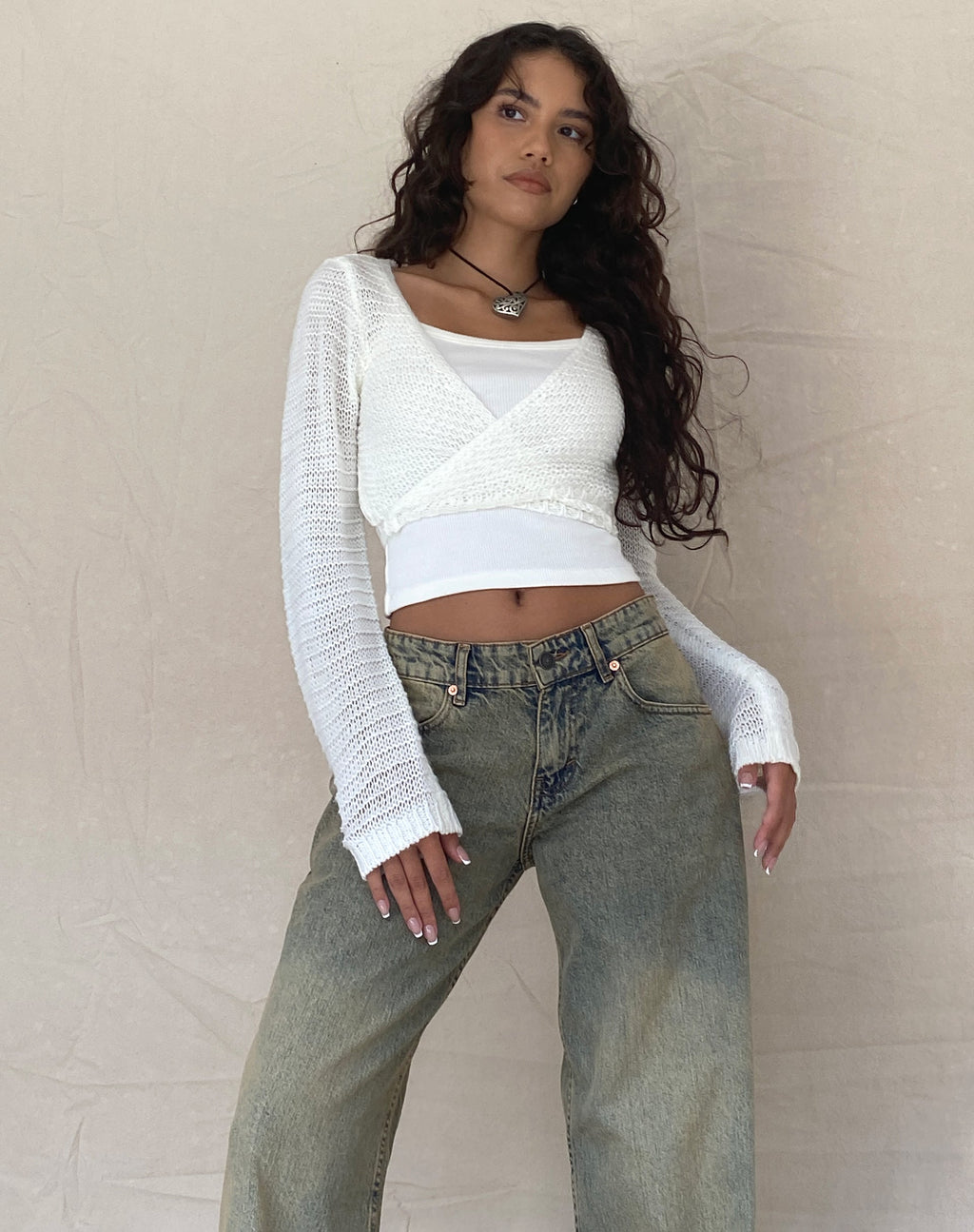 Nocta Long Sleeve Crop Top in Weave Knit Ivory (Top court à manches longues en tricot ivoire)