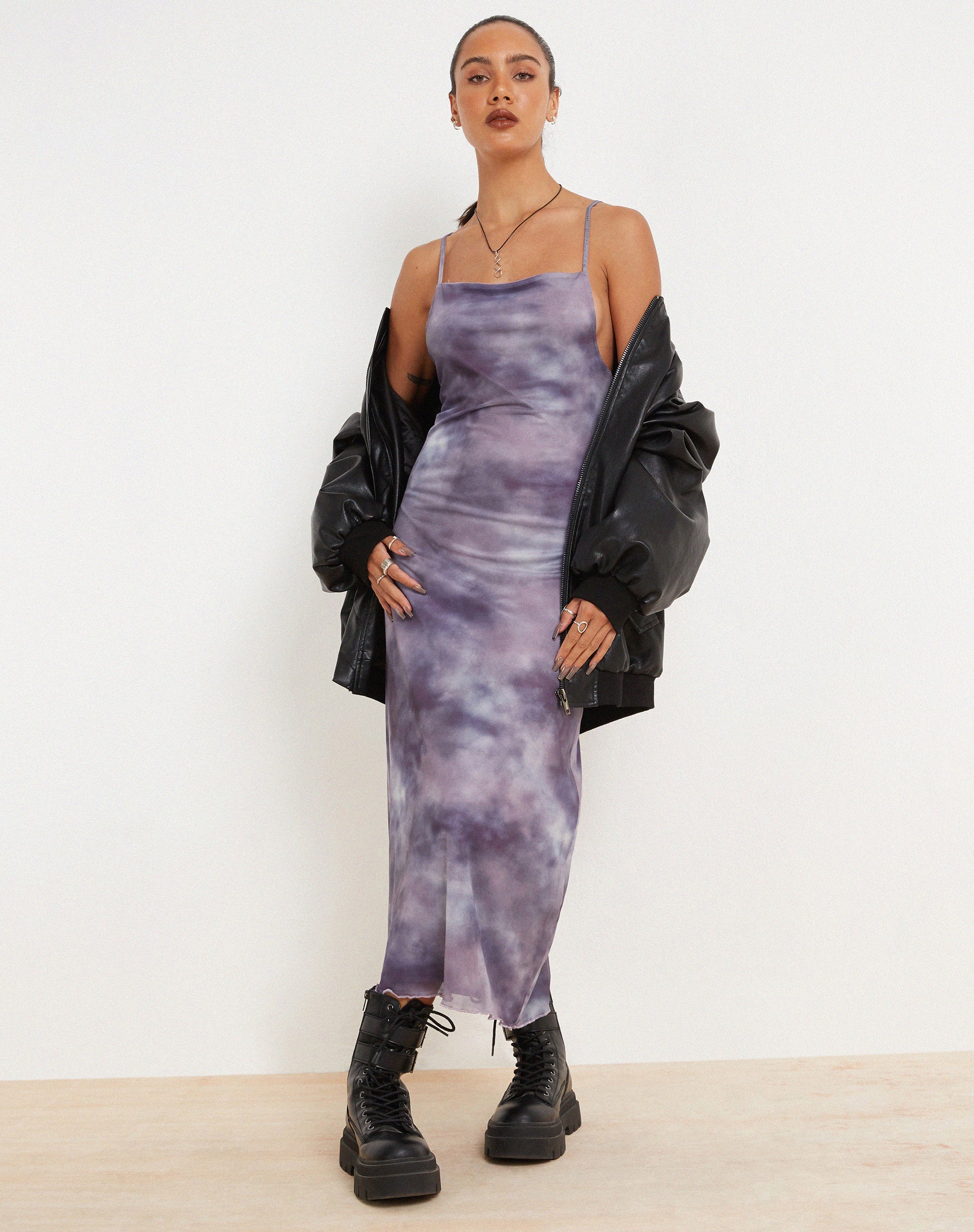 Image of Norishi Printed Mesh Midi Dress in Smokey Gradients Purple