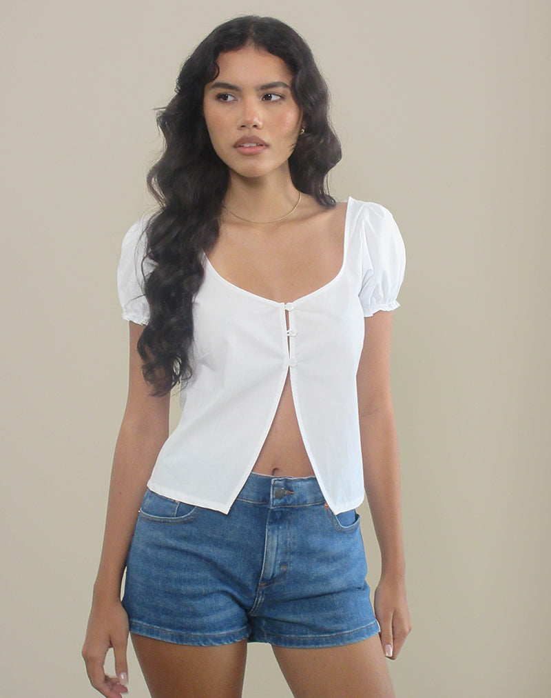 Image of Norya Puff Sleeve Top in Poplin White