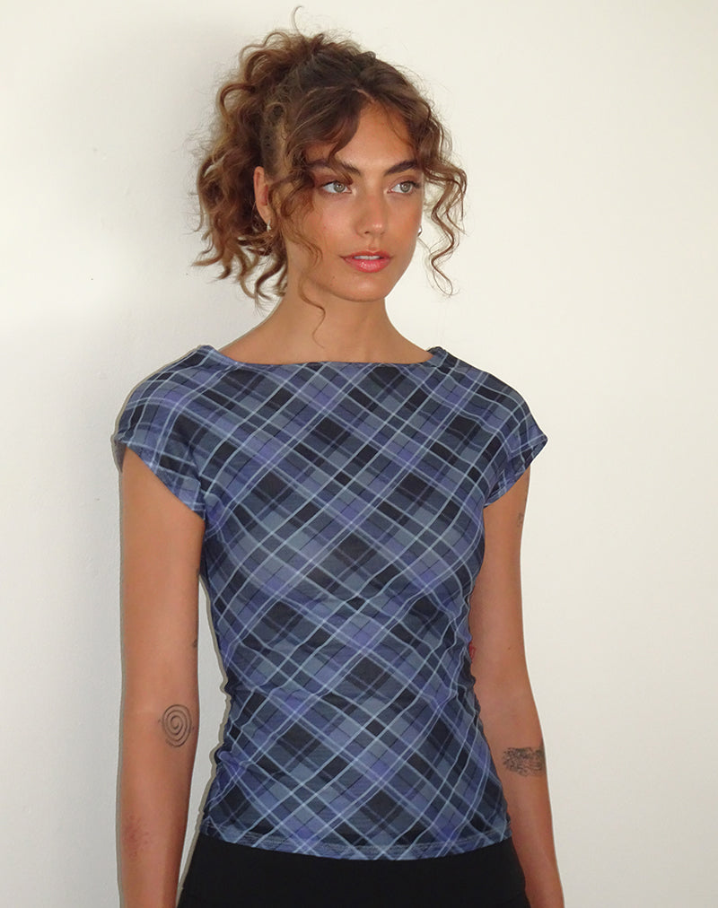 Top Nova en maille à carreaux gris bleu
