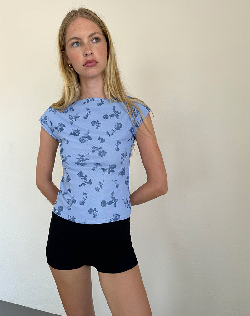 Top Nova en maille florale bleu encre