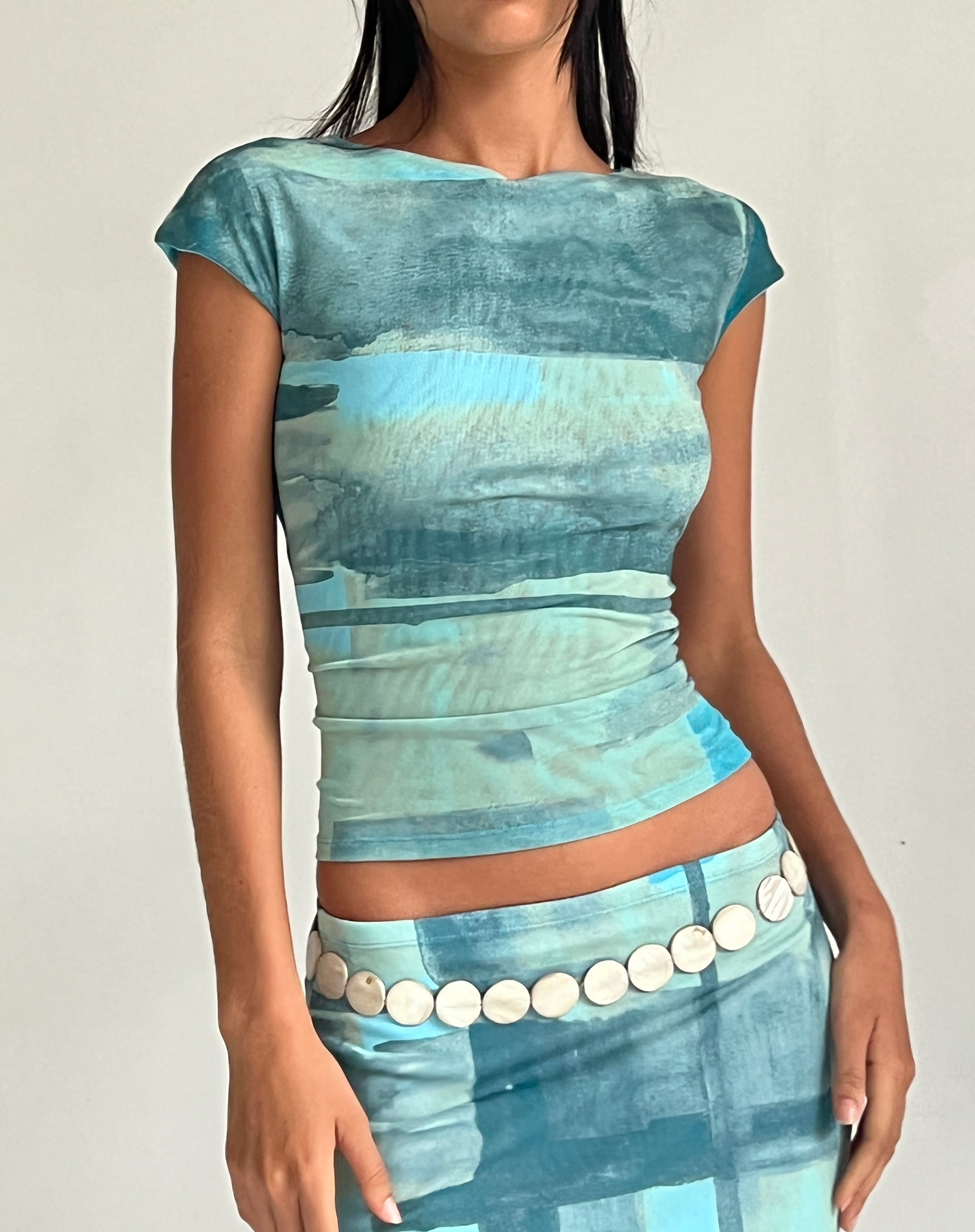 Image de MOTEL X JACQUIE Top Nova en maille vert et bleu Pinceau abstrait