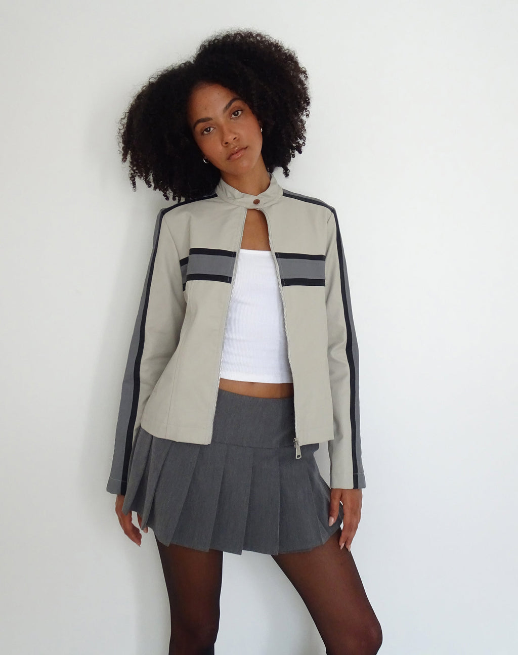 MOTEL X JACQUIE Oliver Veste zippée en PU gris avec rayures gris foncé