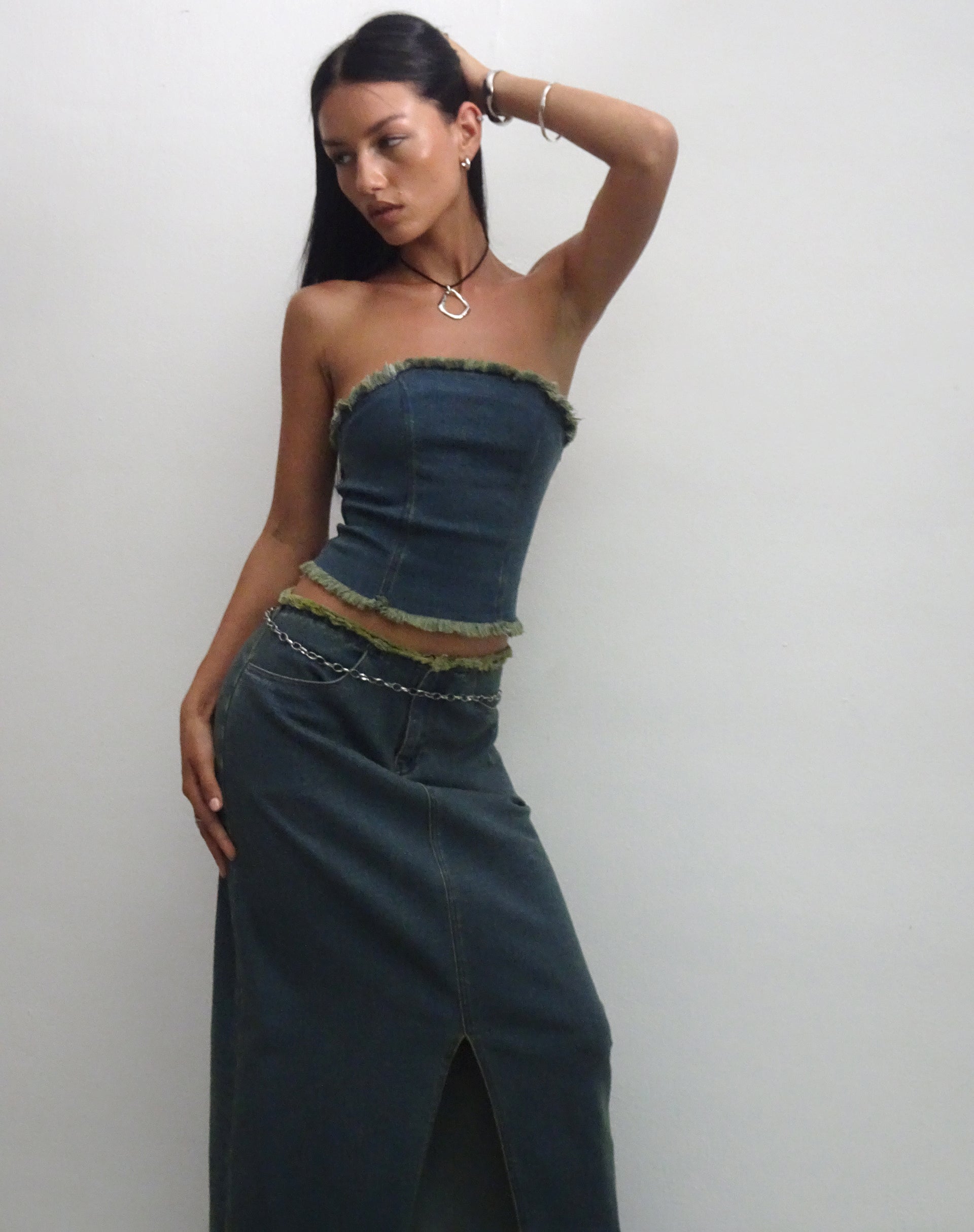 Image de Omas Denim Bandeau Top in Brown Blue Acid Wash