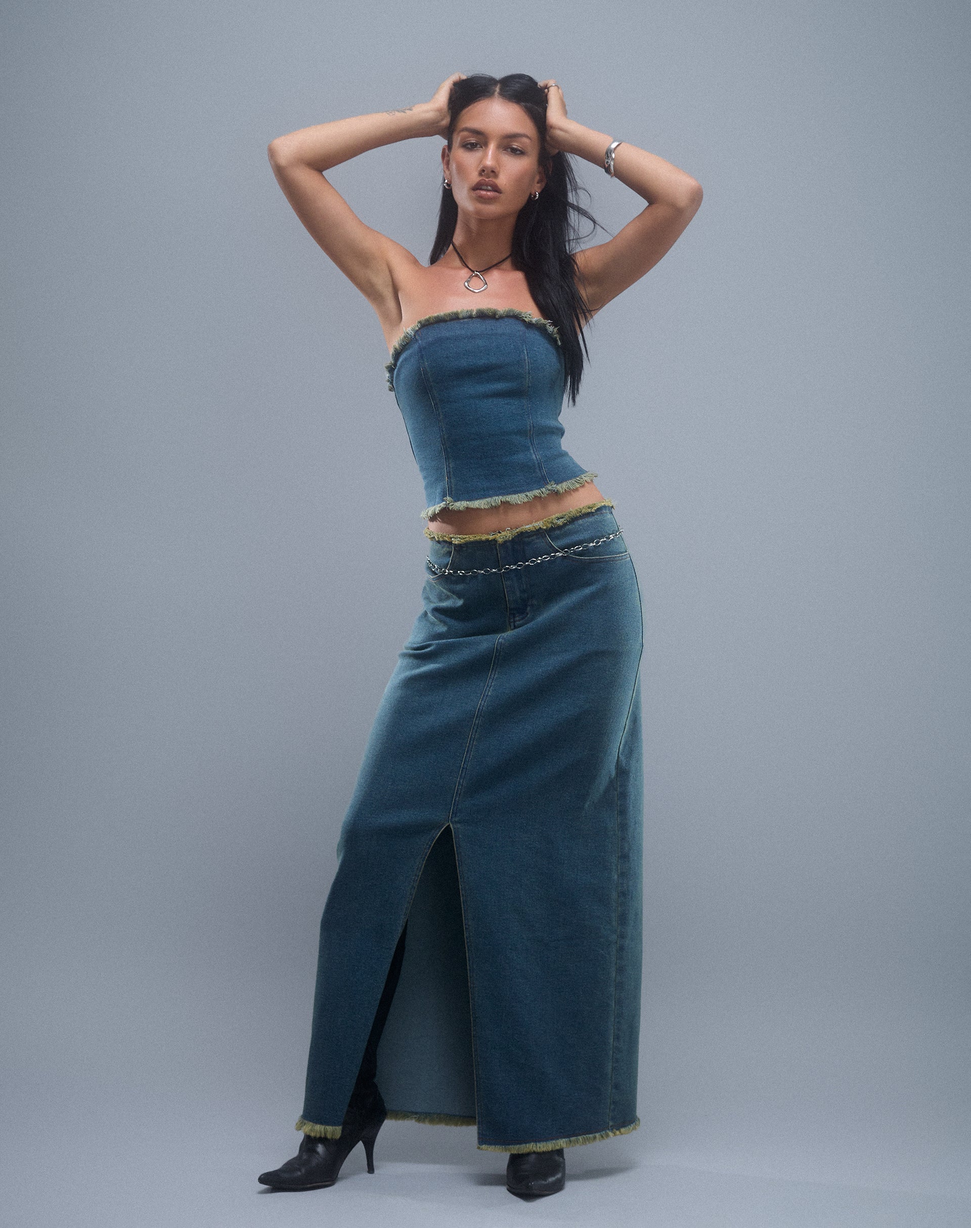 Image de Omas Denim Bandeau Top in Brown Blue Acid Wash