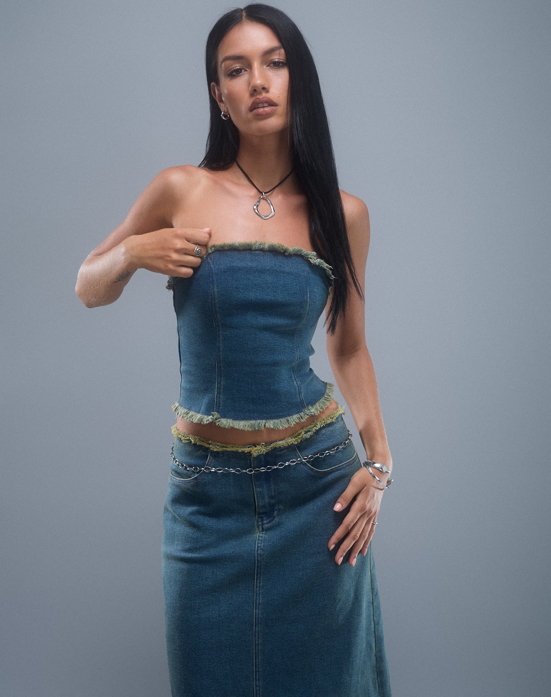 Image de Omas Denim Bandeau Top in Brown Blue Acid Wash