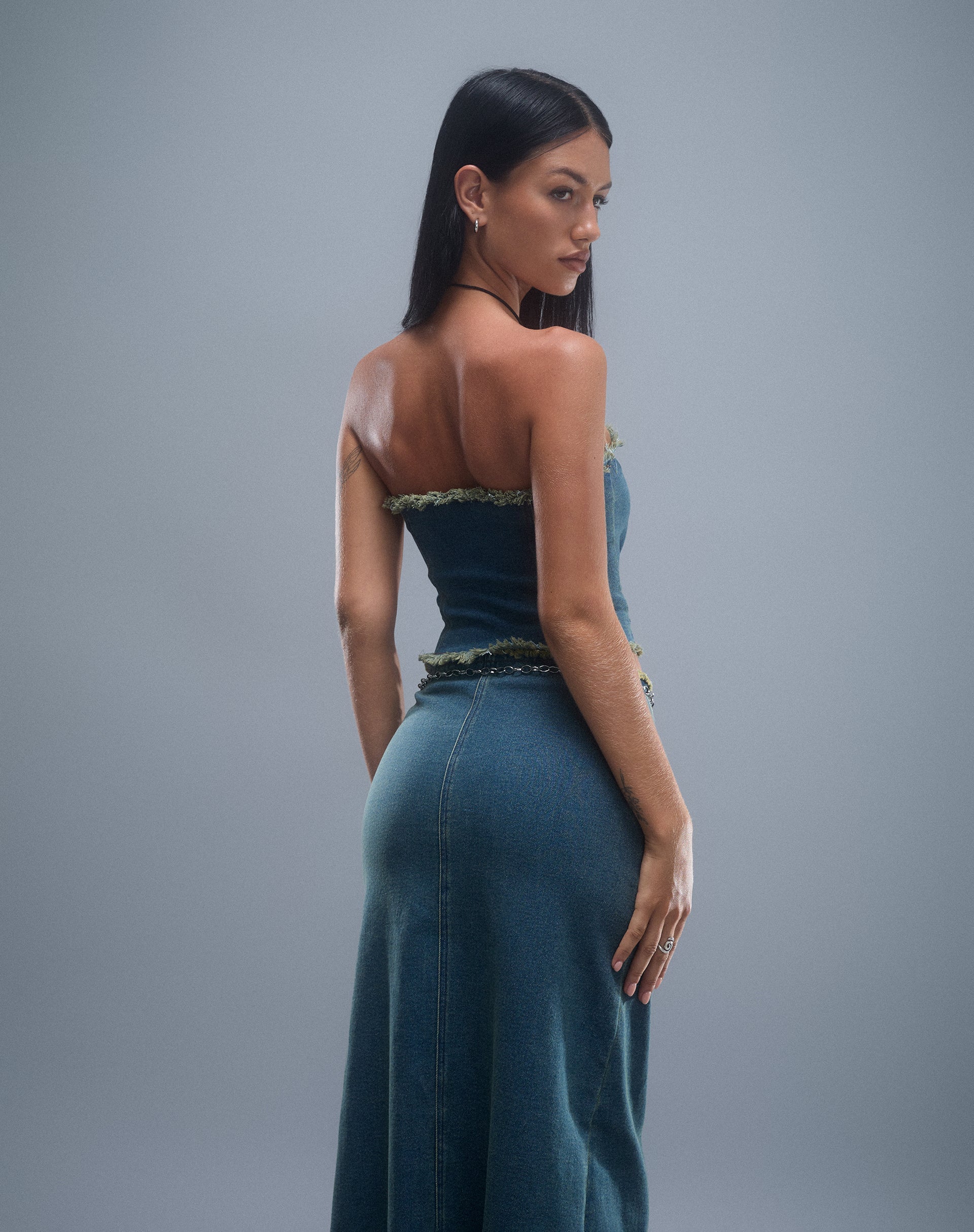 Image de Omas Denim Bandeau Top in Brown Blue Acid Wash