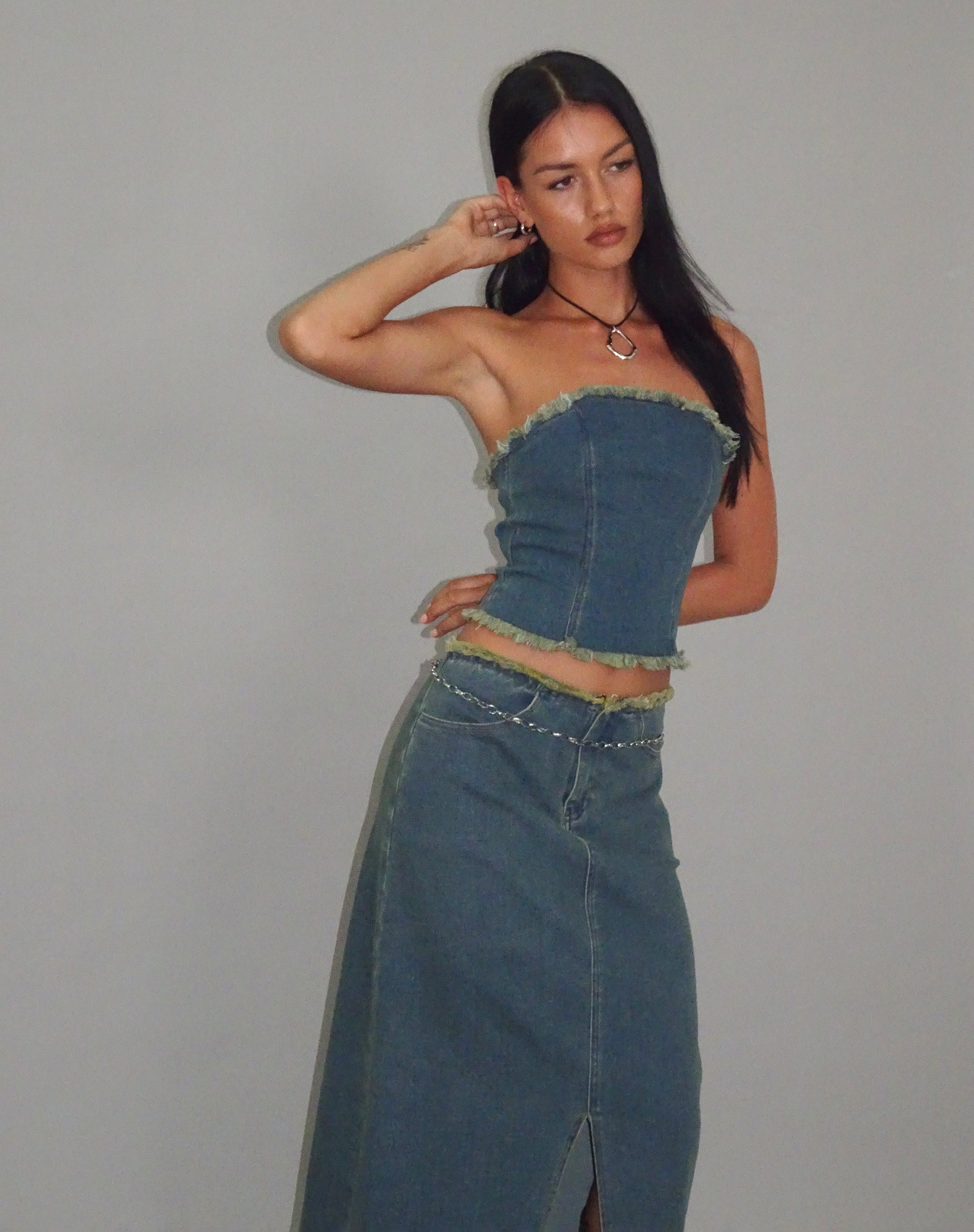 Image de Omas Denim Bandeau Top in Brown Blue Acid Wash