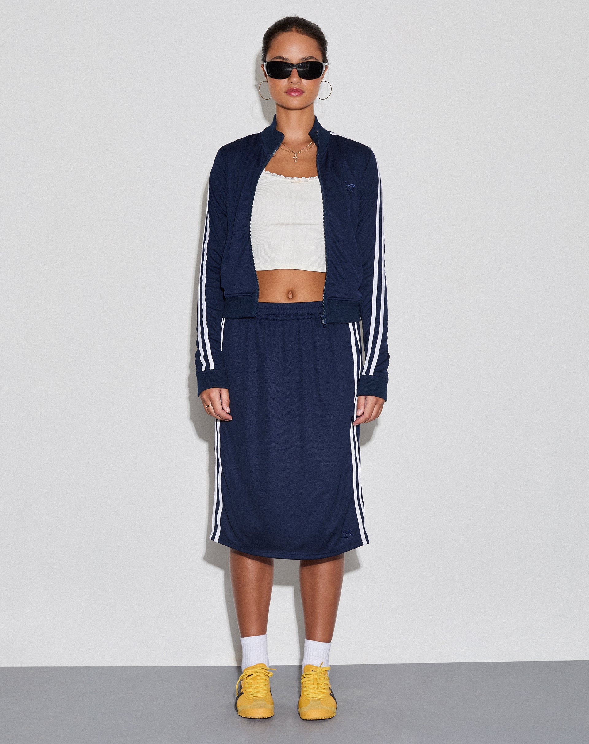 Image of Kaizen Midi Skirt in Navy with White Double Stripe