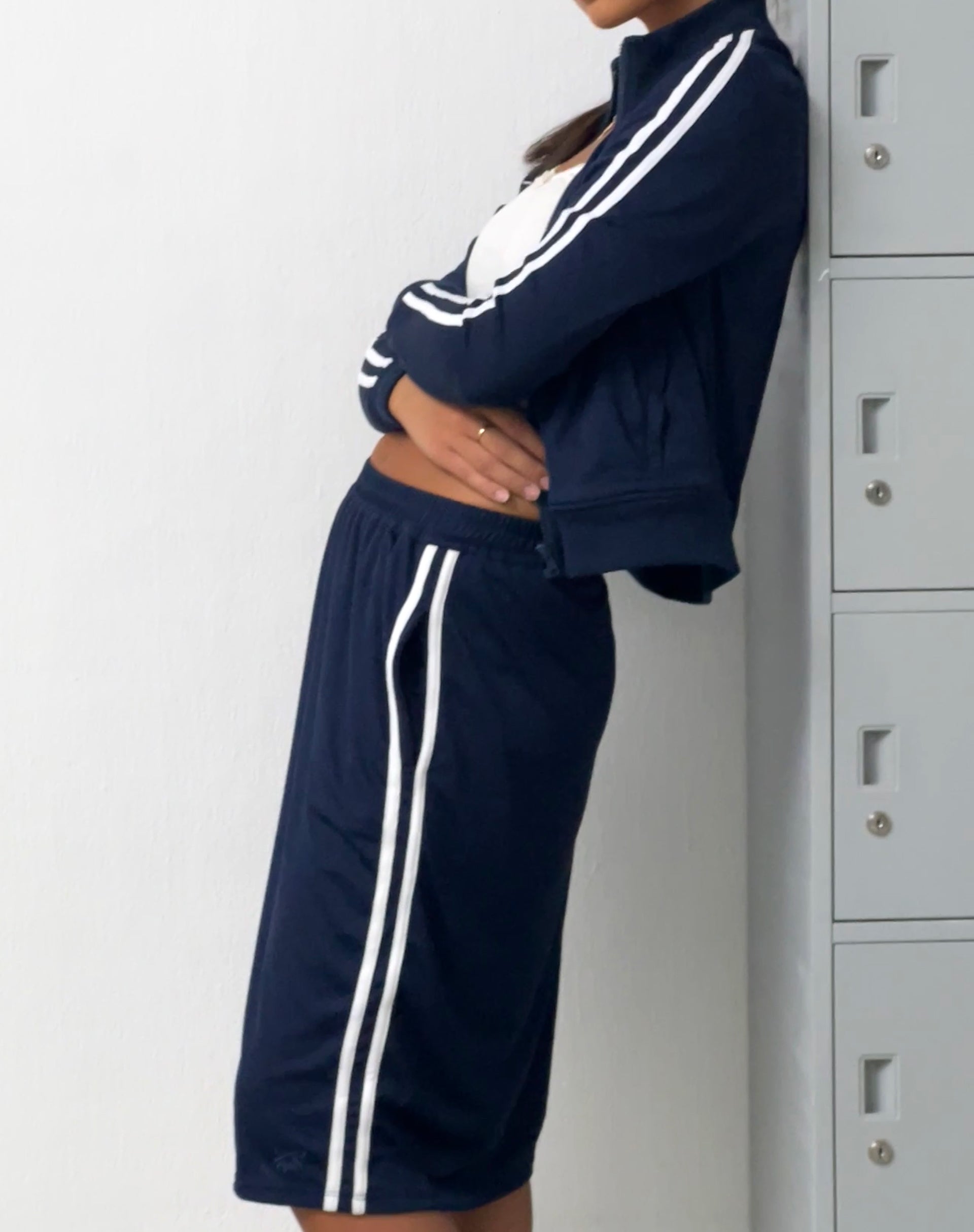 Image of Kaizen Midi Skirt in Navy with White Double Stripe