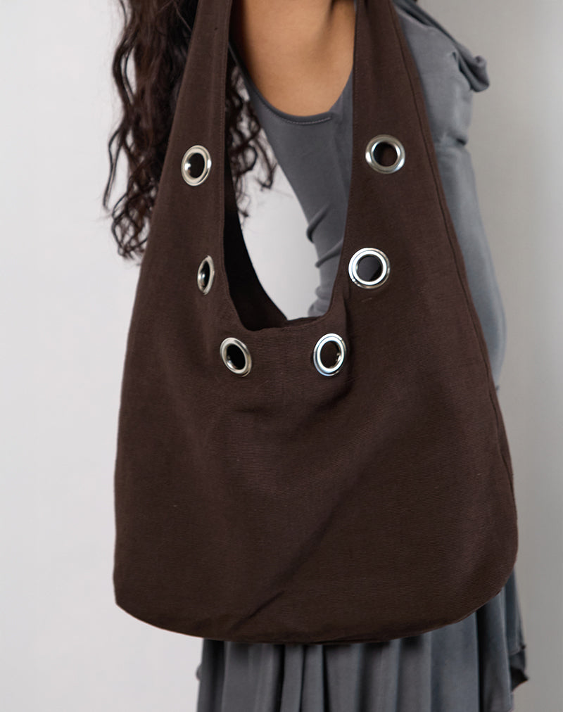 Image de Oru Shoulder Bag in Brown with Eyelets (sac à bandoulière marron avec œillets)